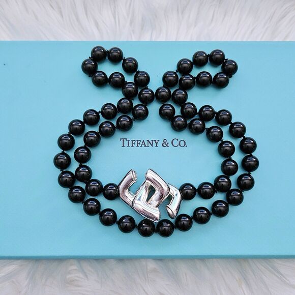 Vintage 1986 Tiffany & Co Paloma Picasso Silver Square Toggle Onyx Bead Necklace - Picture 4 of 15